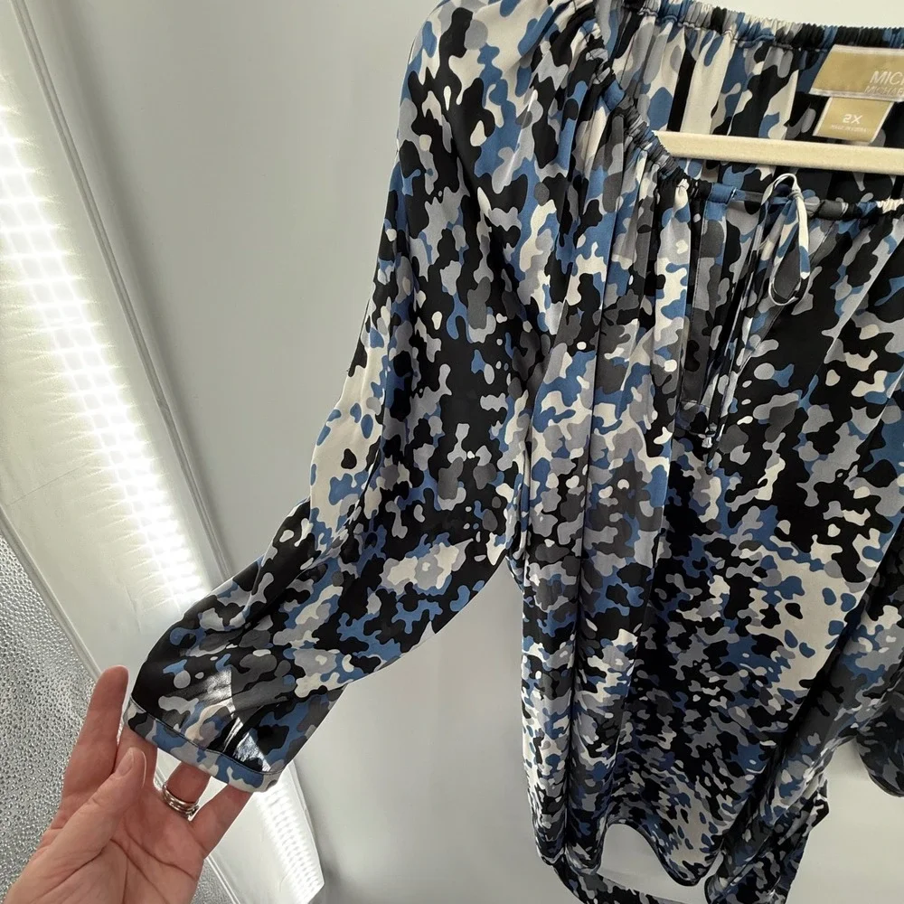 Michael Michael‎ Kors Abstract Print Peasant Blouse Size 2X Belted Top